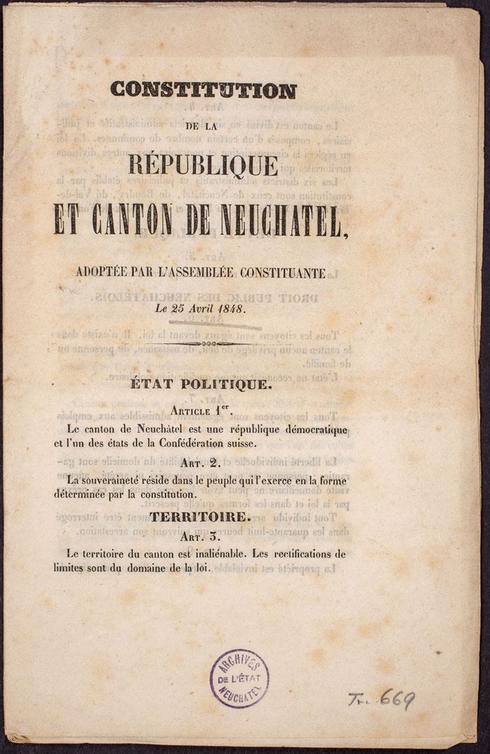 Constitution de la République et Canton de Neuchâtel (Source: Office des archives de l'État de Neuchâtel)