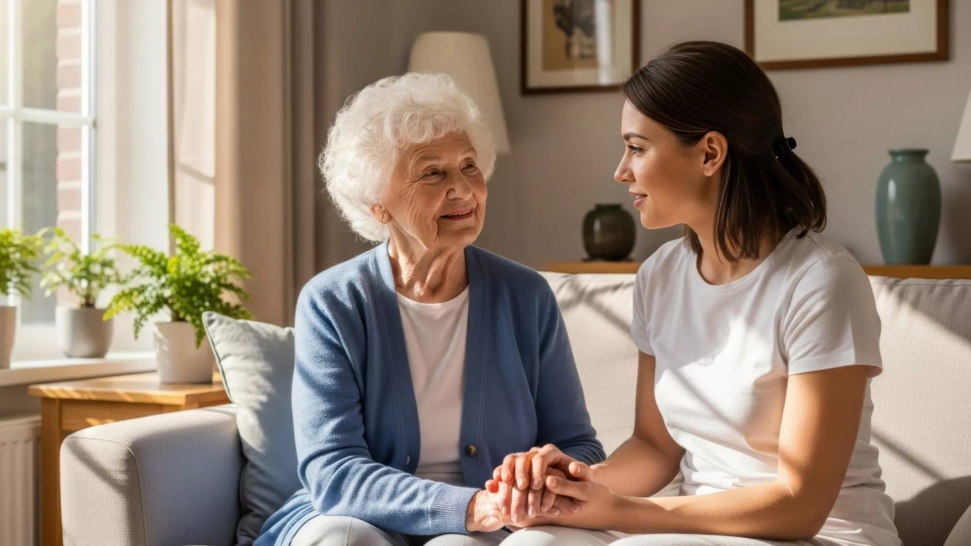 Femme âgée assise sur un canapé en compagnie de sa fille qui lui tient les mains