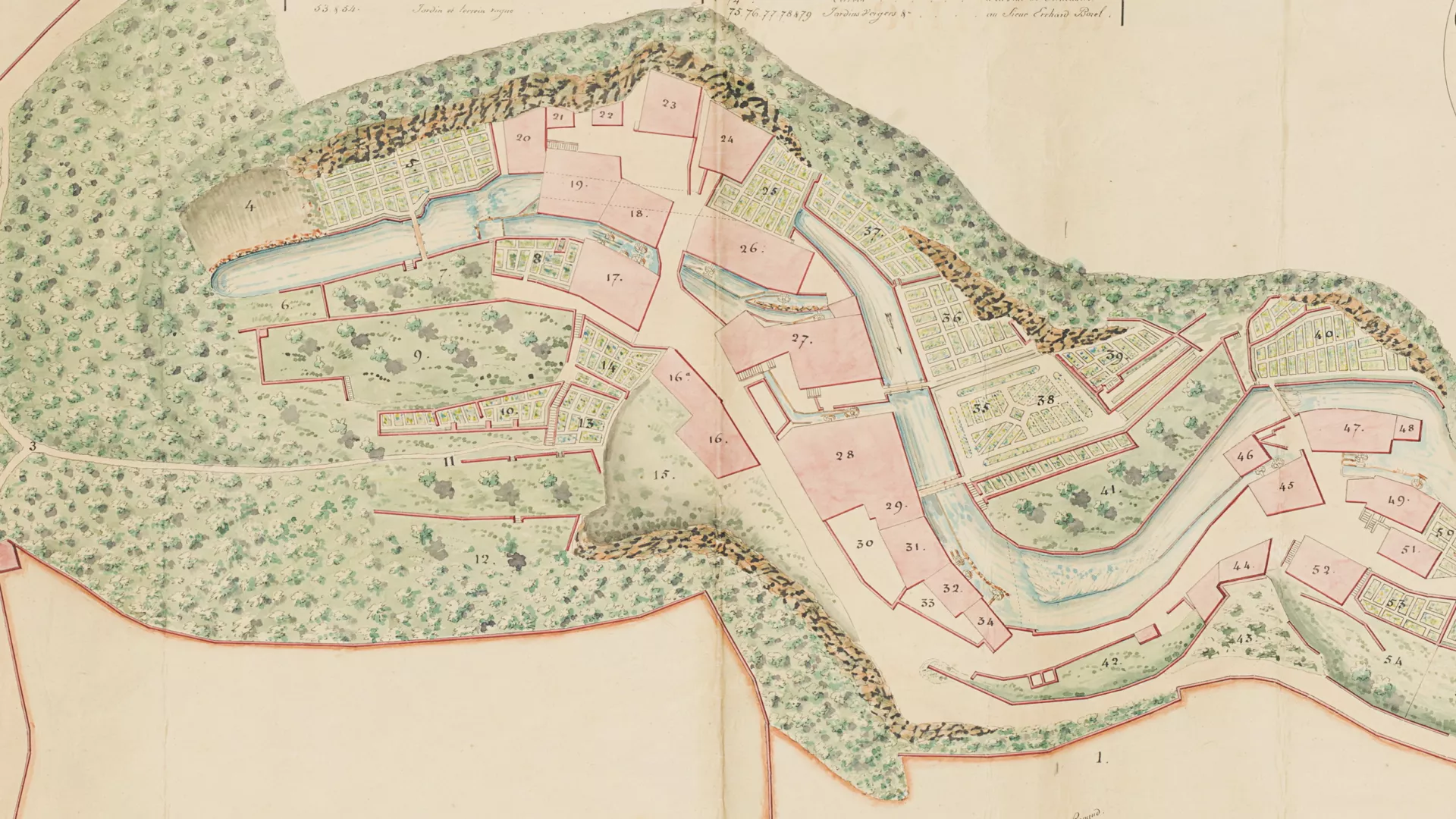 Plan du haut du vallon de Serrières en 1811: mélange de bâti, de jardin et de forêt