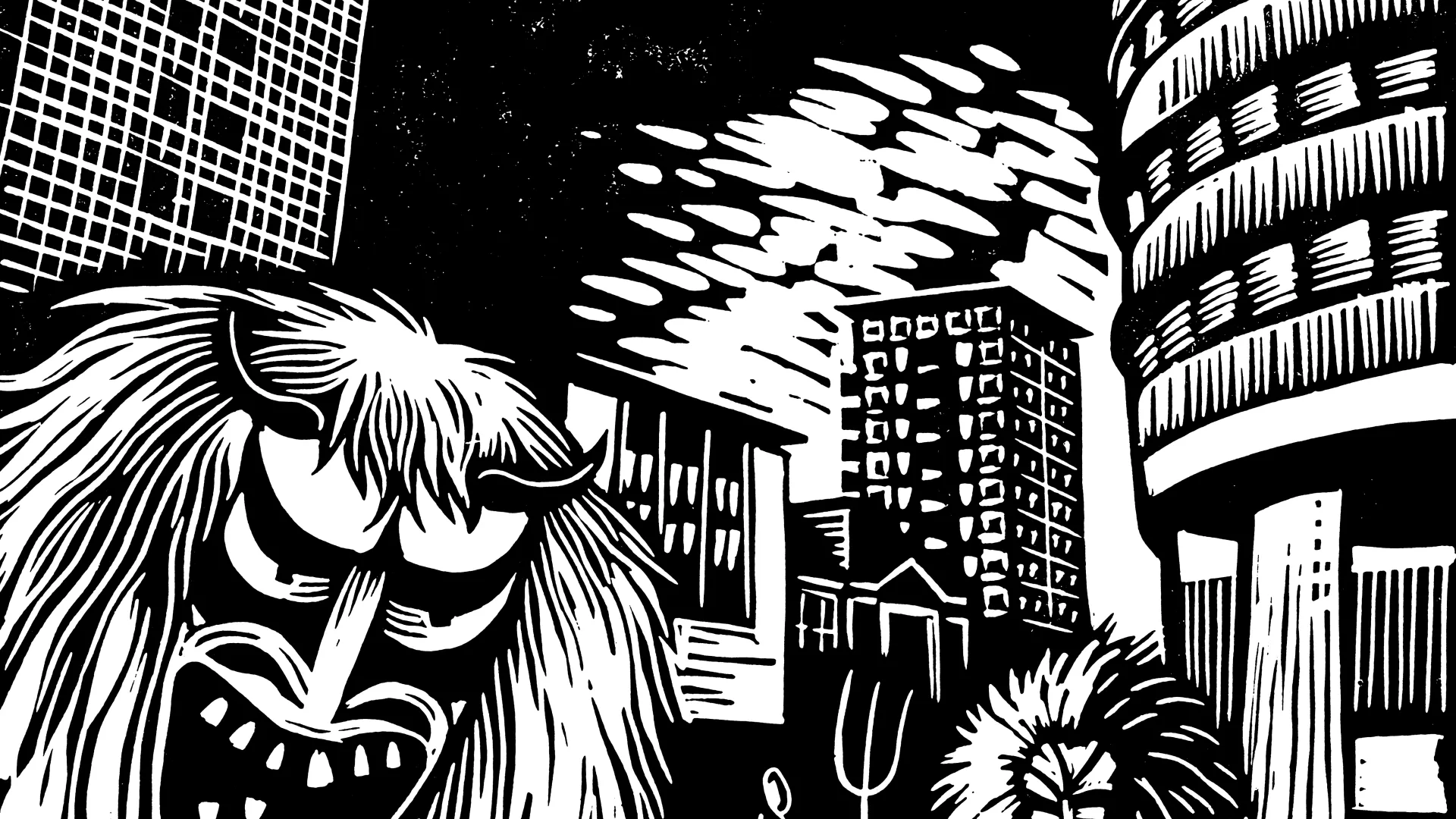 Un dessin en noir et blanc de La Chaux-de-Fonds. Devant la Tour Espacité, des personnages portent des masques traditionnels suisses.