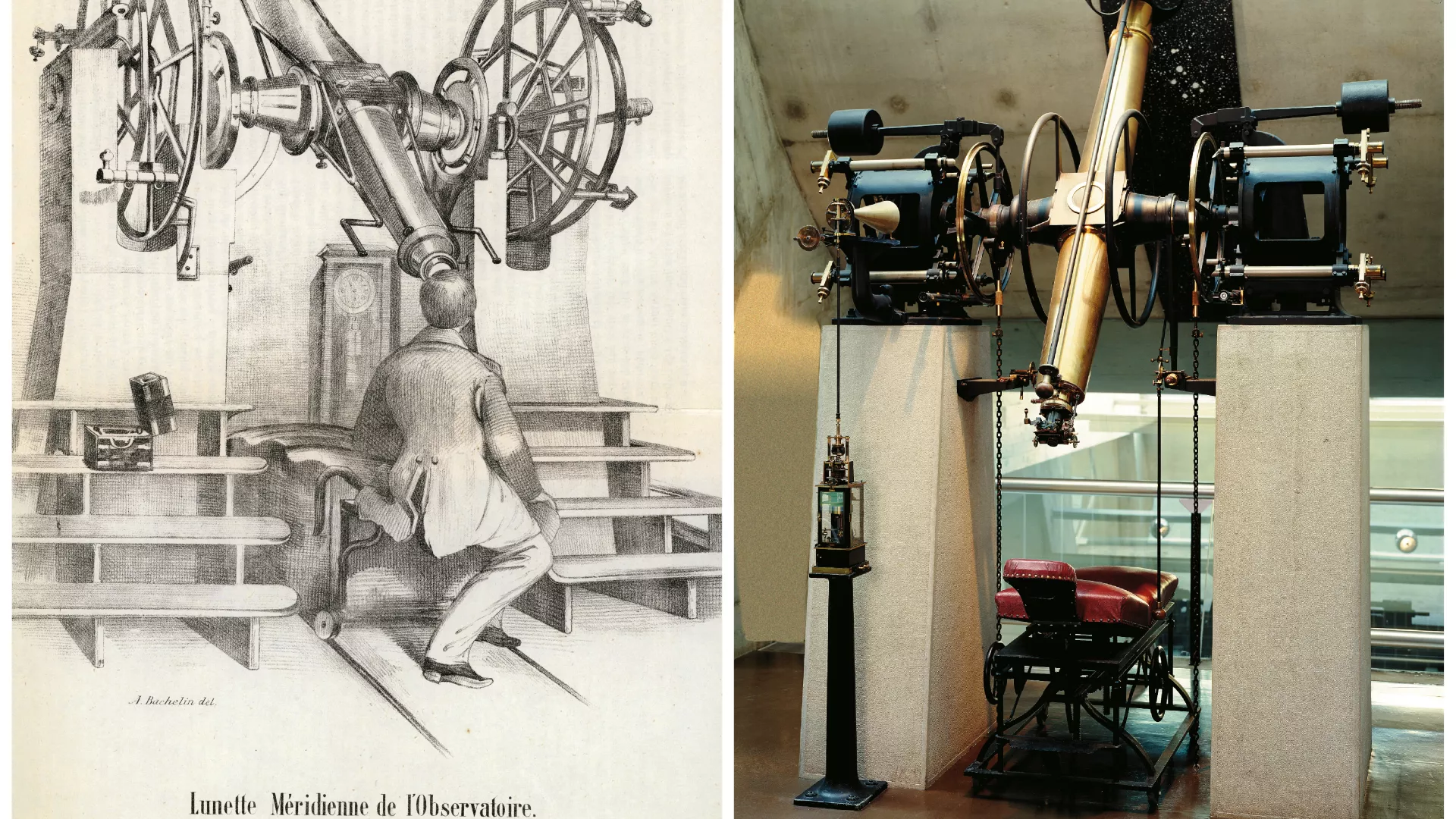 Gravure d'un cercle méridien et vue d'un instrument