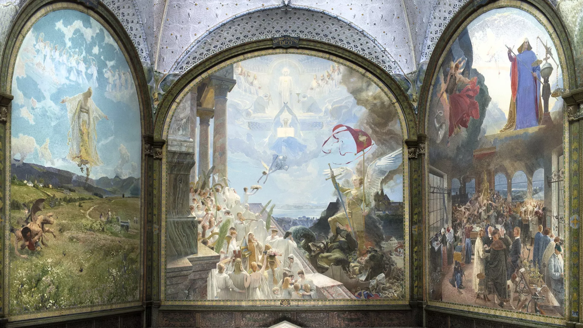 Trois peintures murales monumentales décorant la cage d'escalier du Musée d'art et d'histoire de Neuchâtel
