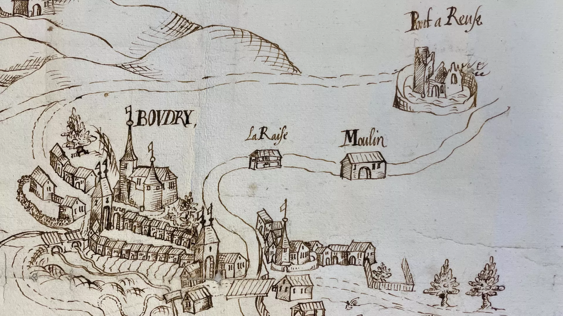 Vue ancienne de Boudry et de Pontareuse (plan de recette)