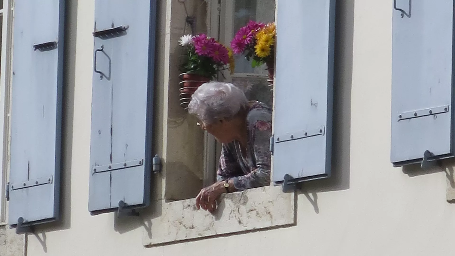Personne âgée observant une manifestation depuis sa fenêtre
