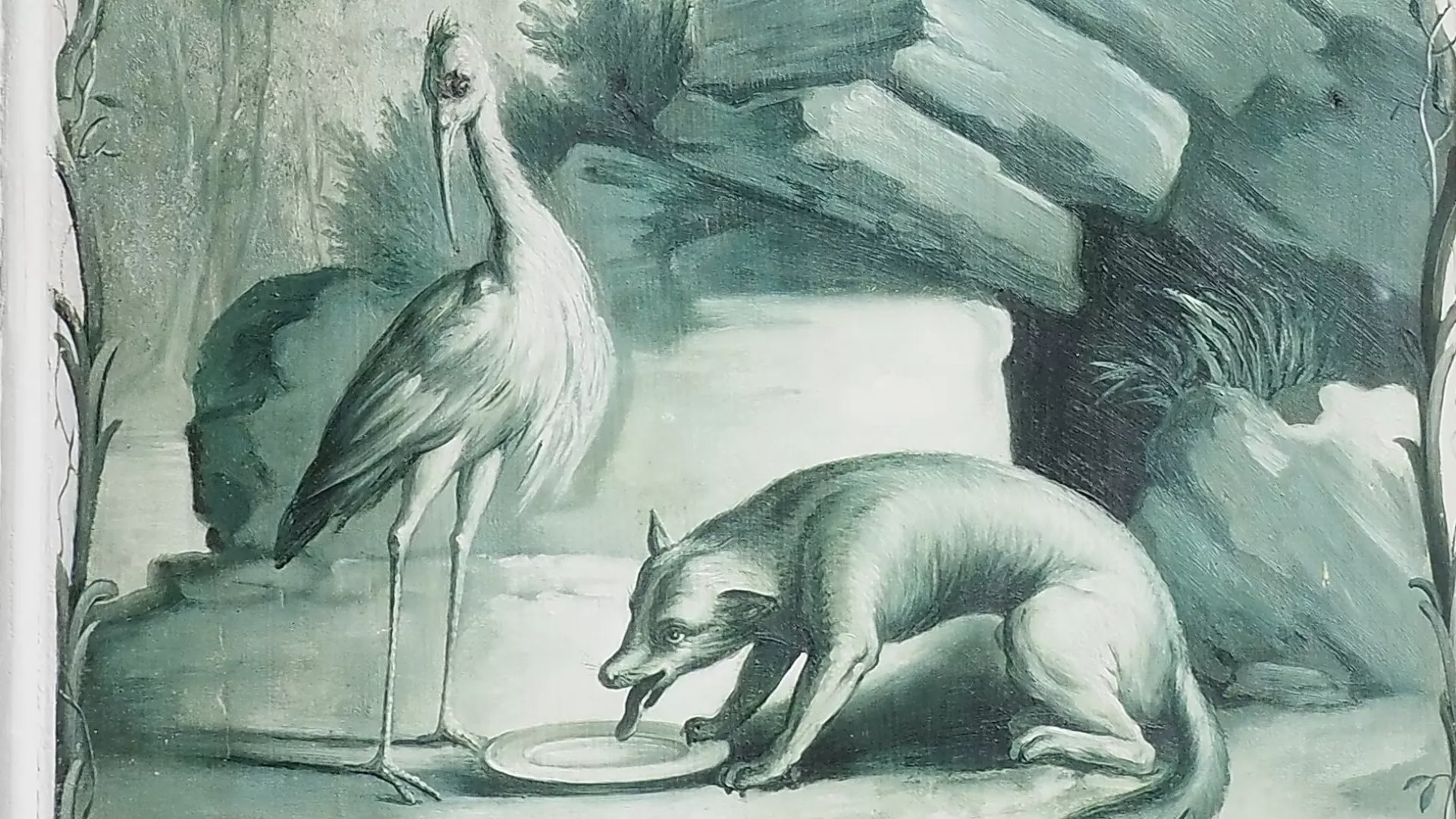 Détail d'une fable de la fontaine avec une cigogne et un renard