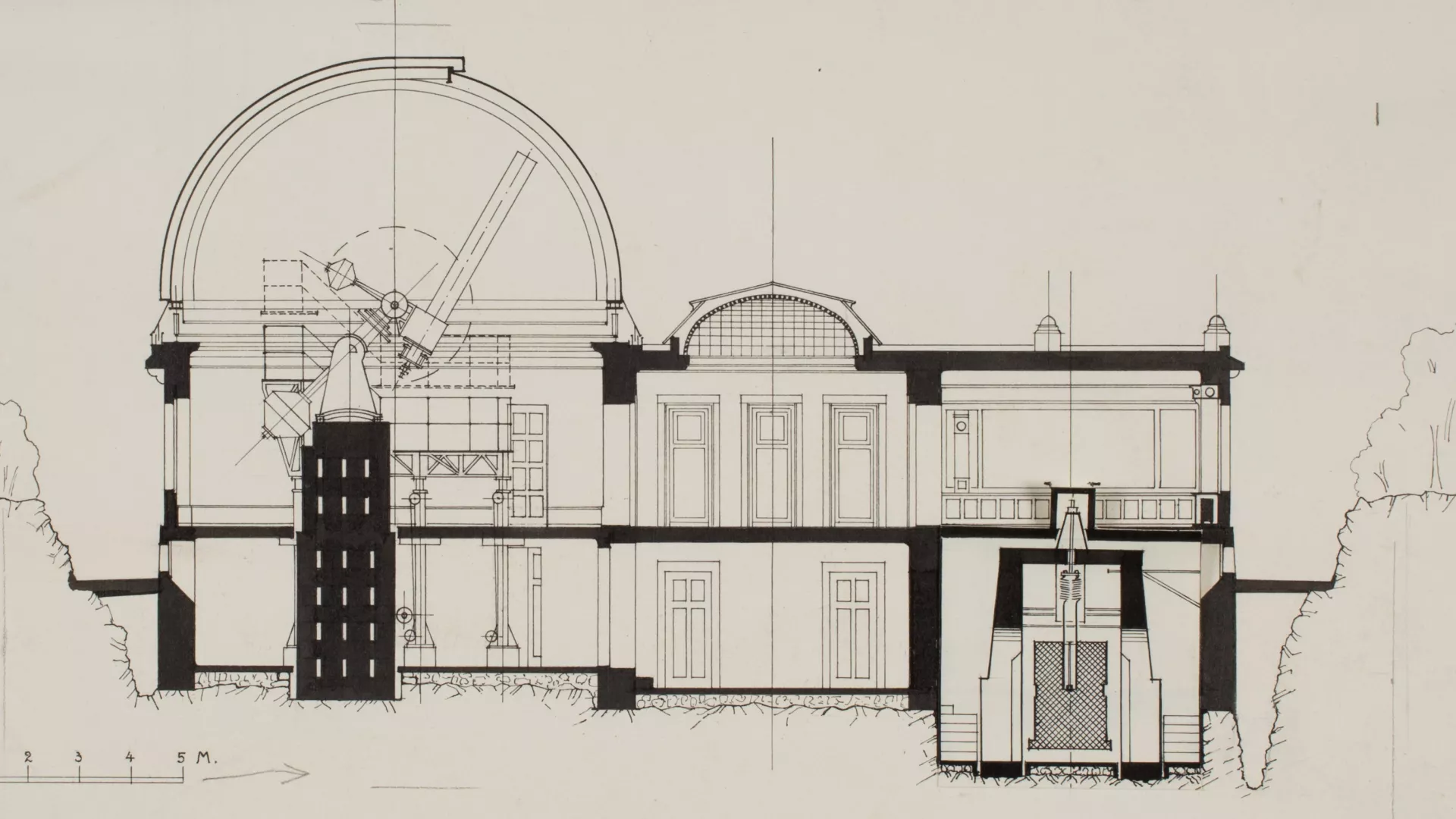 Coupe du pavillon Hirsch de l'Observatoire cantonal avec vue sur les instruments