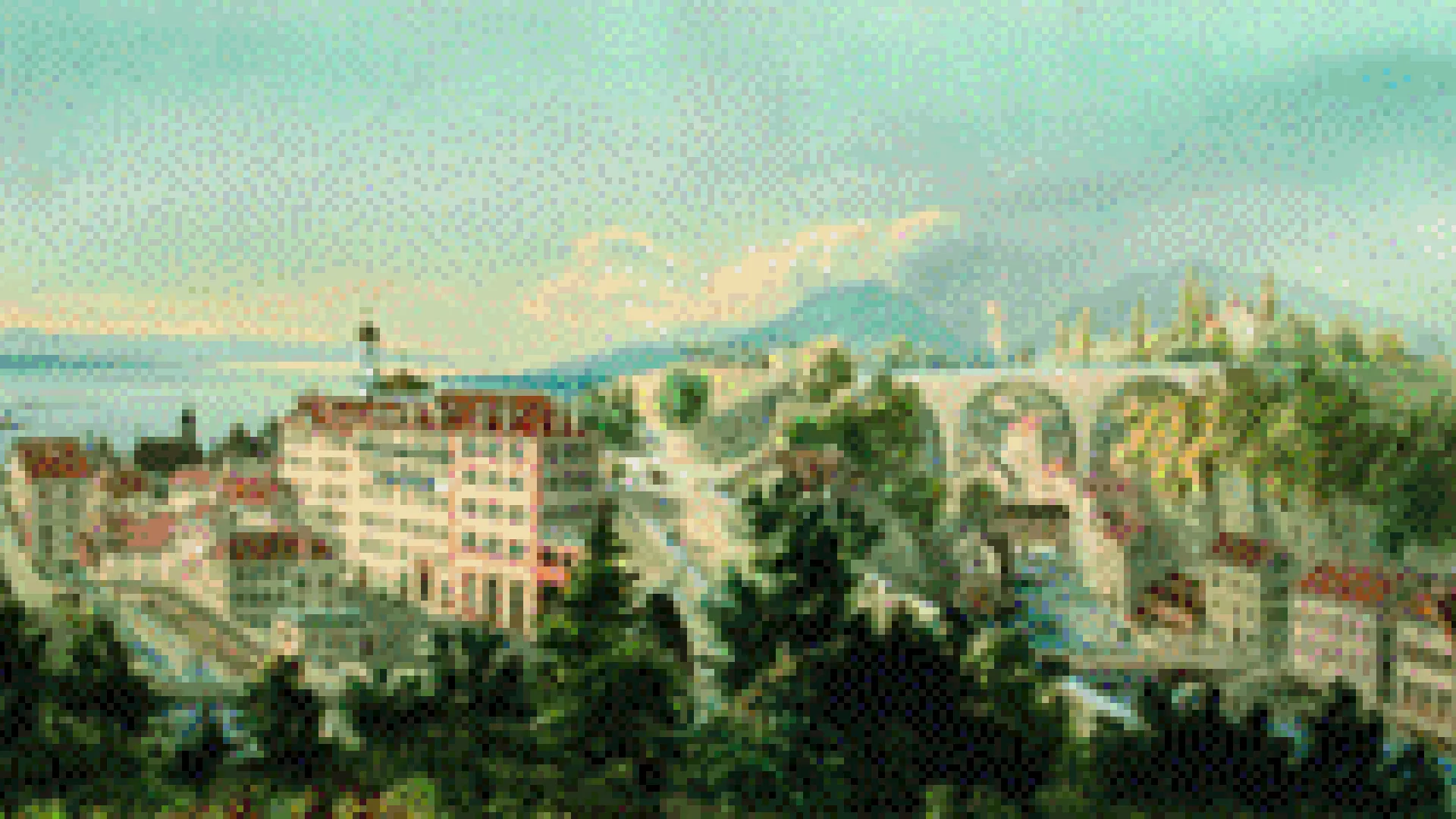 Vue idéalisée de Serrières, aquarelle de 1885 par Weber